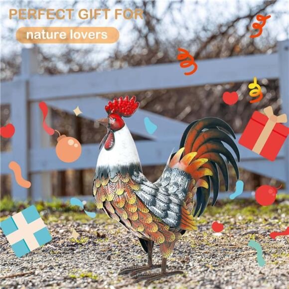 Kircust Garden Rooster Statues & Sculpture, Metal Chicken Animal Yard Art Lawn - Picture 6 of 7